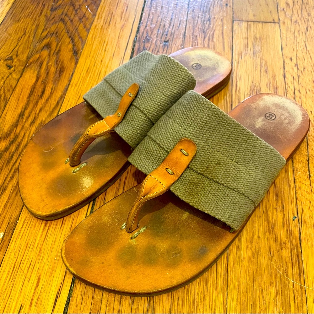 Exception leather sandals with olive green canvas straps.